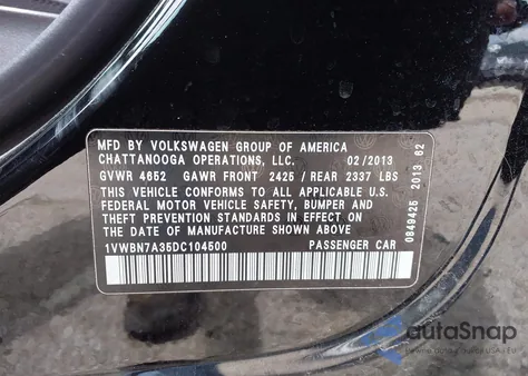 2013 Volkswagen Passat 2.0L Tdi Se from USA, damaged, VIN 1VWBN7A35DC104500